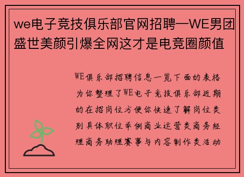 we电子竞技俱乐部官网招聘—WE男团盛世美颜引爆全网这才是电竞圈颜值天花板