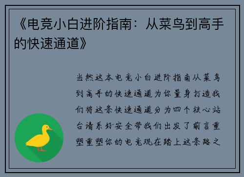 《电竞小白进阶指南：从菜鸟到高手的快速通道》